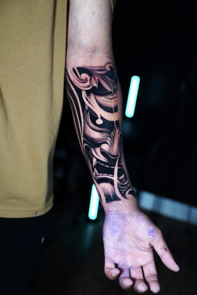Hannya mask forearm, Japanese black-and-grey